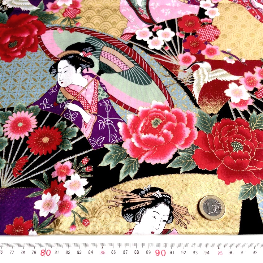 Tissu japonais, motif traditionnel Fleurs et UKIYOE, fond NOIR