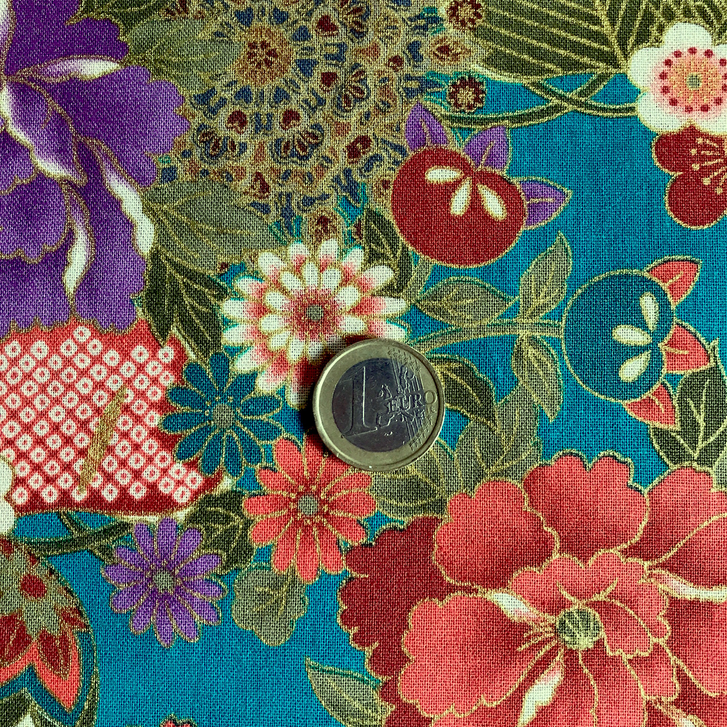  Tissu  japonais motif  traditionnel Fleurs fond bleu vert 